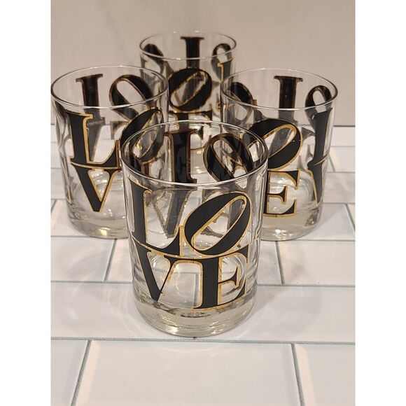 CERA MCM Glass Old Fashioned Rocks Glasses Cocktail Black & Gold 'LOVE' Set of 4 - Picture 13 of 16